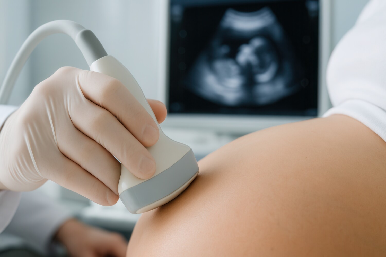 Ręka w rękawiczce trzyma głowicę ultrasonograficzną na brzuchu ciążowym i wykonuje USG płodu